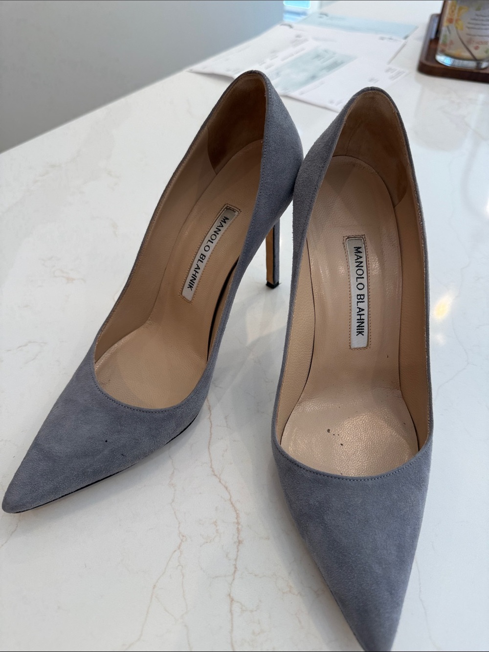 Manolo Blahnik Blue-Gray Suede Pointed-Toe Pumps